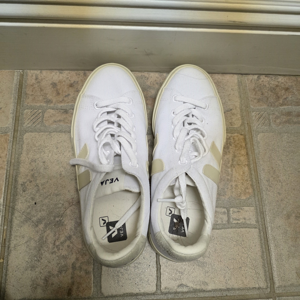 Veja White and Tan Women Sneakers